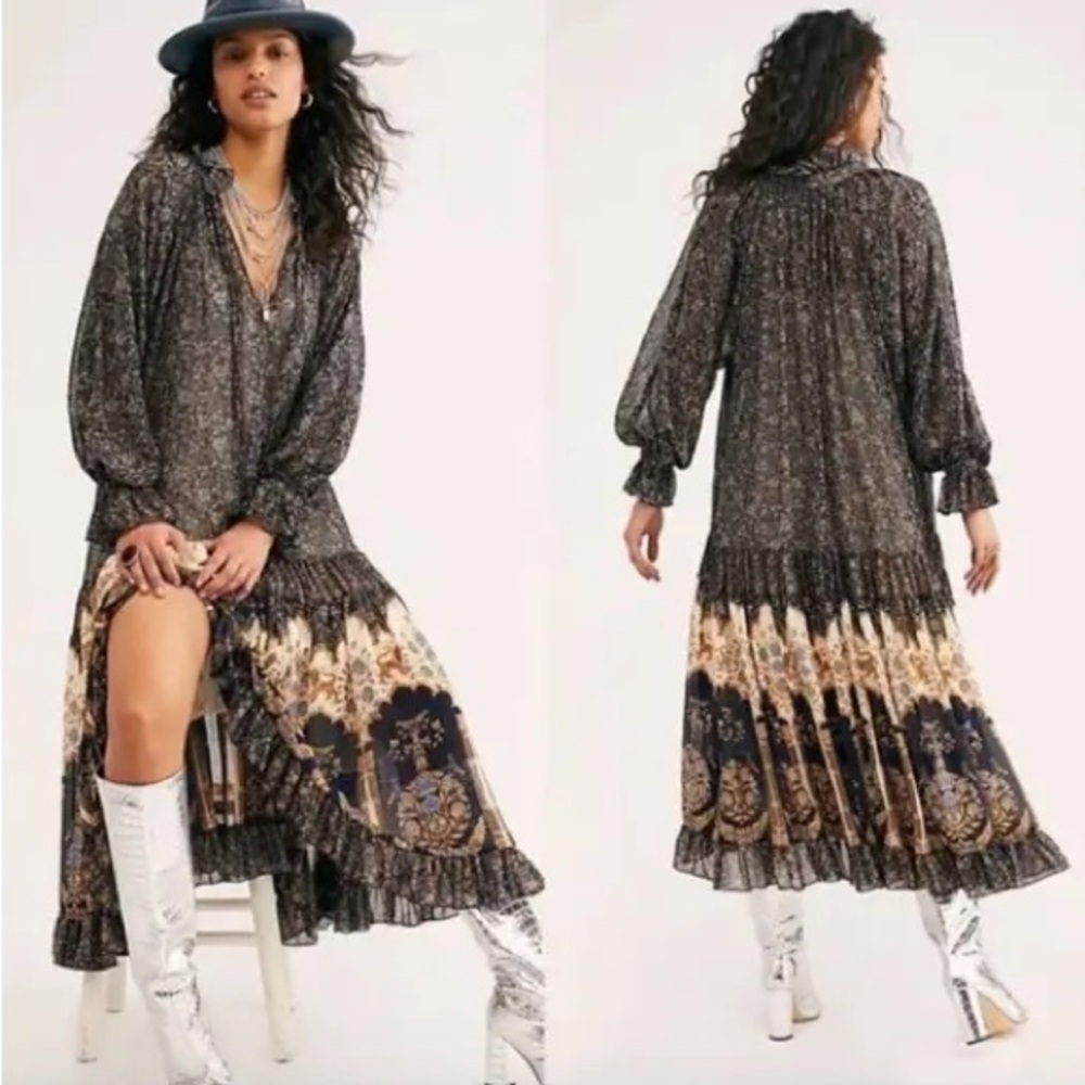 Free People Black and Cream Boho Midi Dress